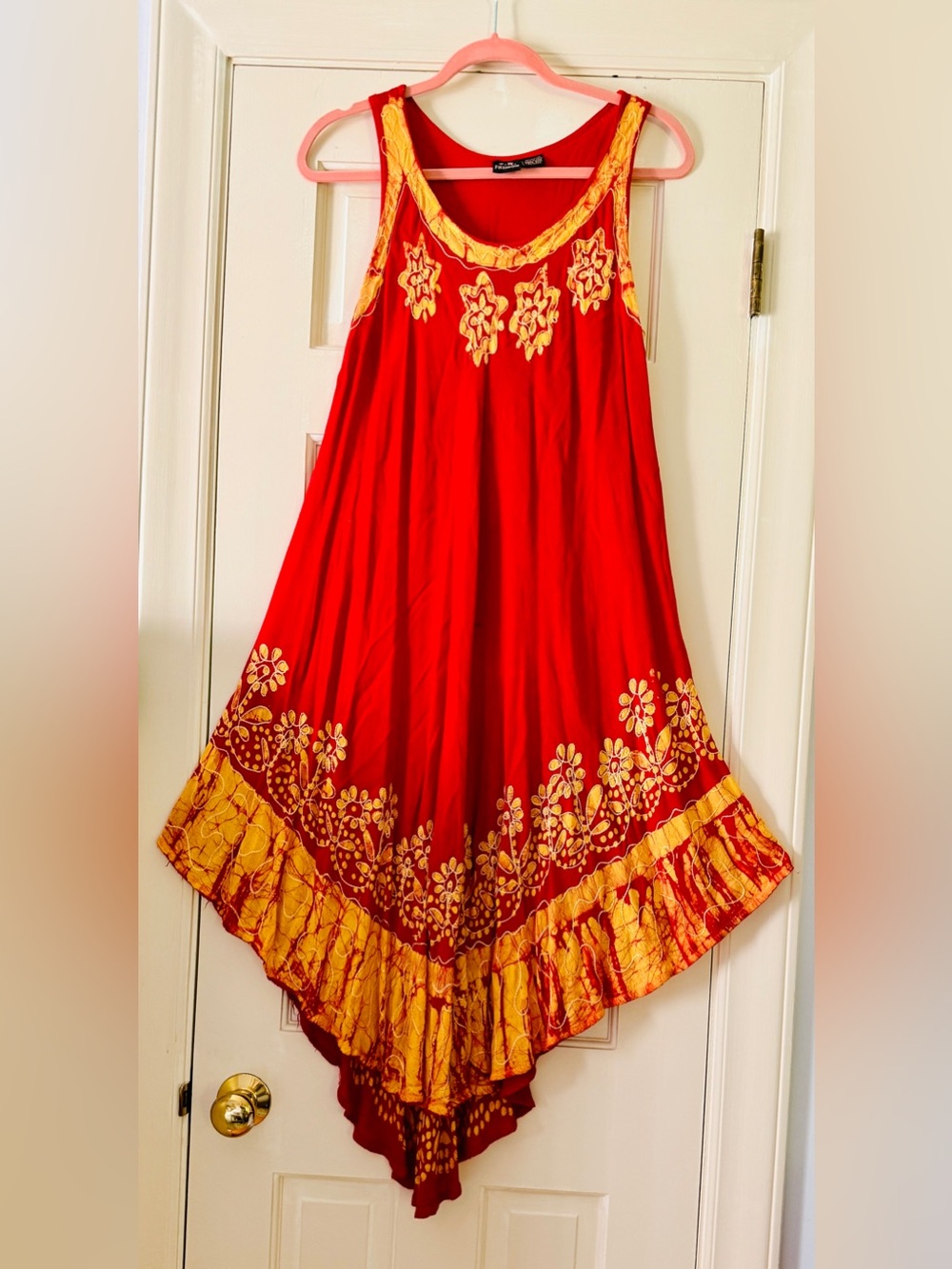 Red Sleeveless Floral-Trim Tank Dress with Gold Accents